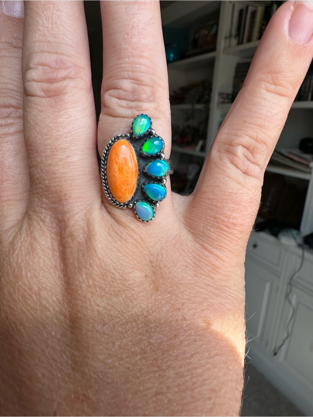 Adjustable Band Orange Spiny & Opal Half Cluster Ring